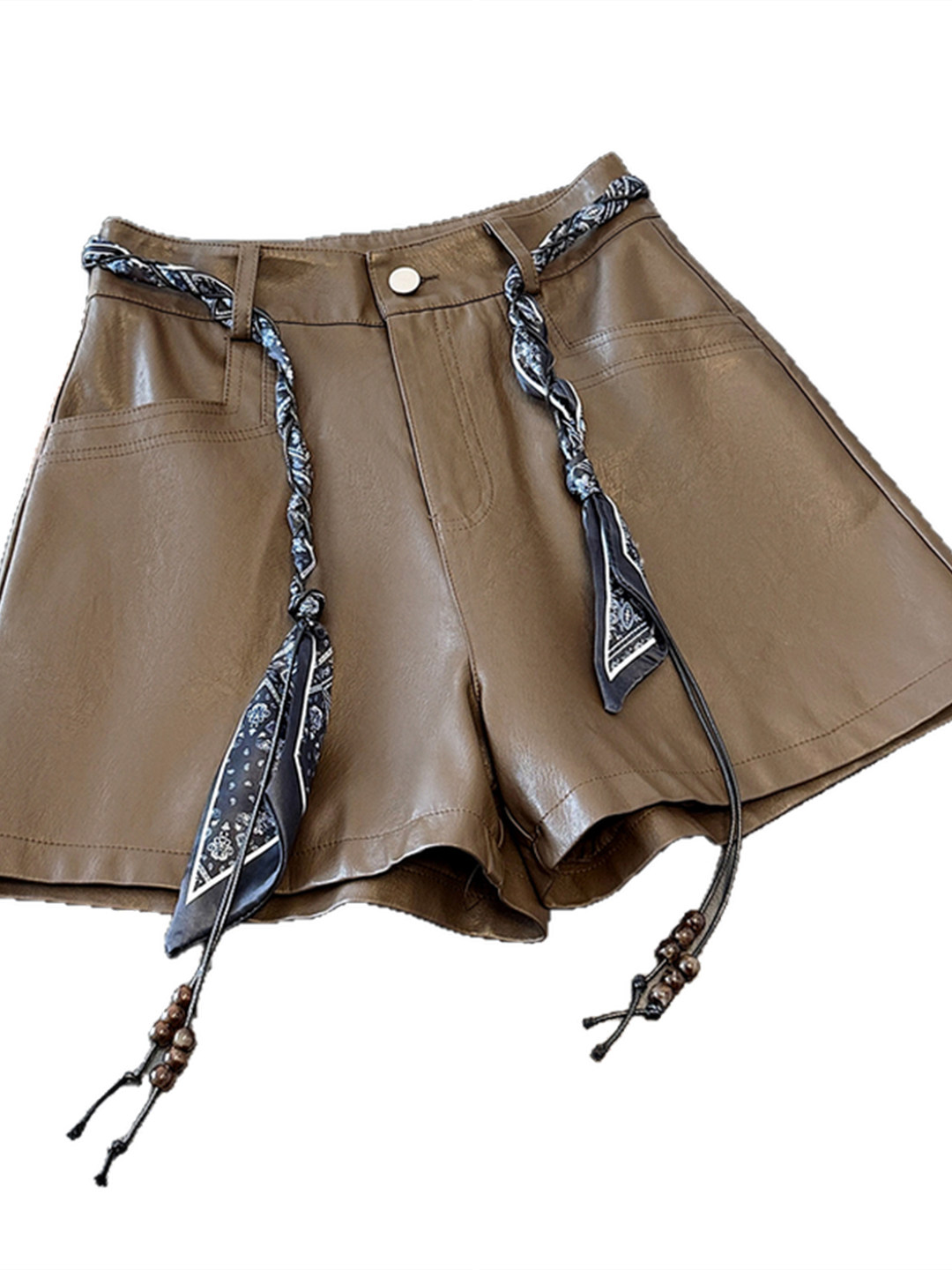 Curry PU Leather Wide-leg shorts Women's Winter 2025 New arrival high waist Slim Looking Maillard a-line Base Outwear Boots