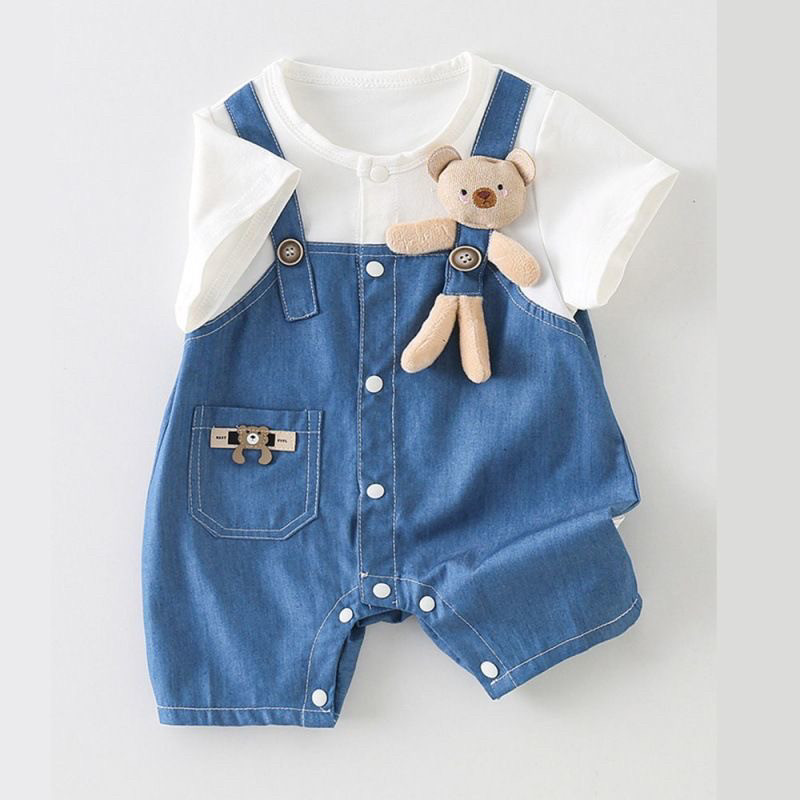婴儿夏装宝宝假两件短袖哈衣爬服软牛仔连体衣夏季新生儿衣服薄款