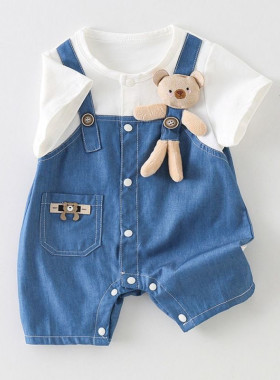 婴儿夏装宝宝假两件短袖哈衣爬服软牛仔连体衣夏季新生儿衣服薄款