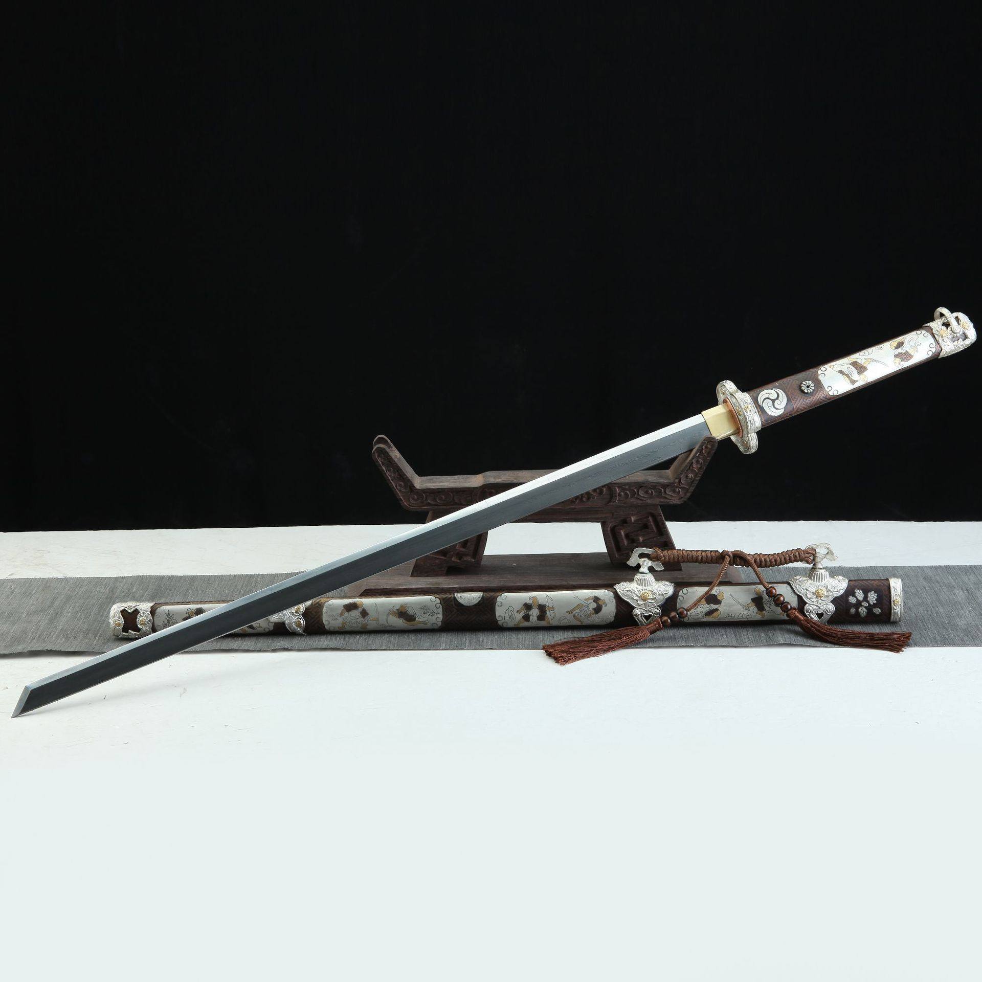 龙泉市刀剑花纹钢烧刃铜装唐横刀手工锻打宝剑双手刀冷兵器未开刃,特色手工艺,剑袋,淘宝优惠券,粉丝福利购,淘宝优惠卷