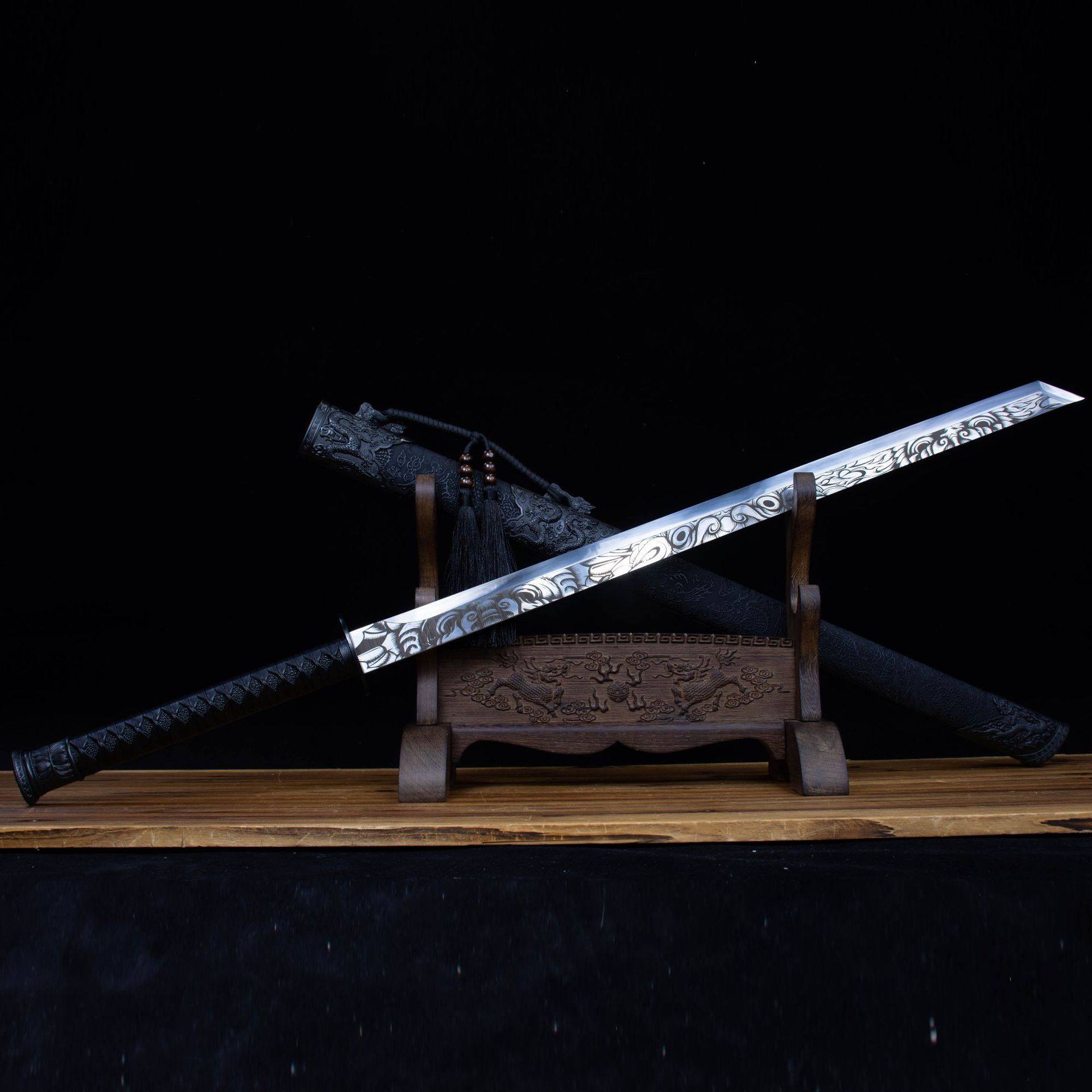 龙泉市刀剑高锰钢唐横刀一体素装墨龙直刀冷兵器影视硬宝剑未开刃,特色手工艺,剑袋,淘宝优惠券,粉丝福利购,淘宝优惠卷