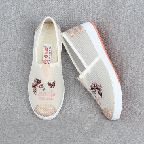 透气网眼网面绣花夏天新款老北京布鞋女士轻便防滑软底妈妈单鞋