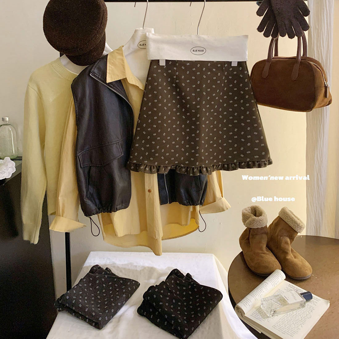 韩系印花木耳花边毛呢半身裙女秋冬复古甜美呢料高腰a字包臀短裙