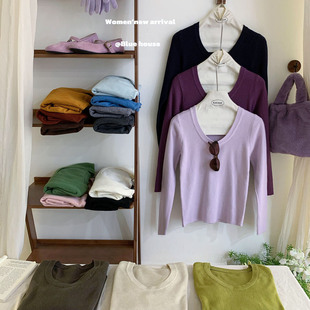 女秋冬简约修身 针织衫 显瘦外穿打底上衣 净版 百搭王鹅蛋领U领长袖