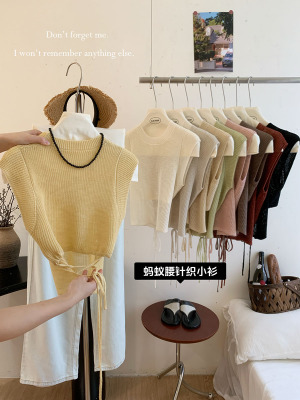 ins后背心机系带短袖冰丝针织衫