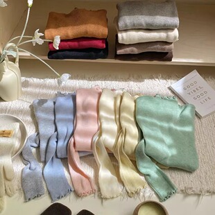 上衣 女秋冬半高领弹力内搭软糯打底衫 温柔系木耳边长袖 净色针织衫