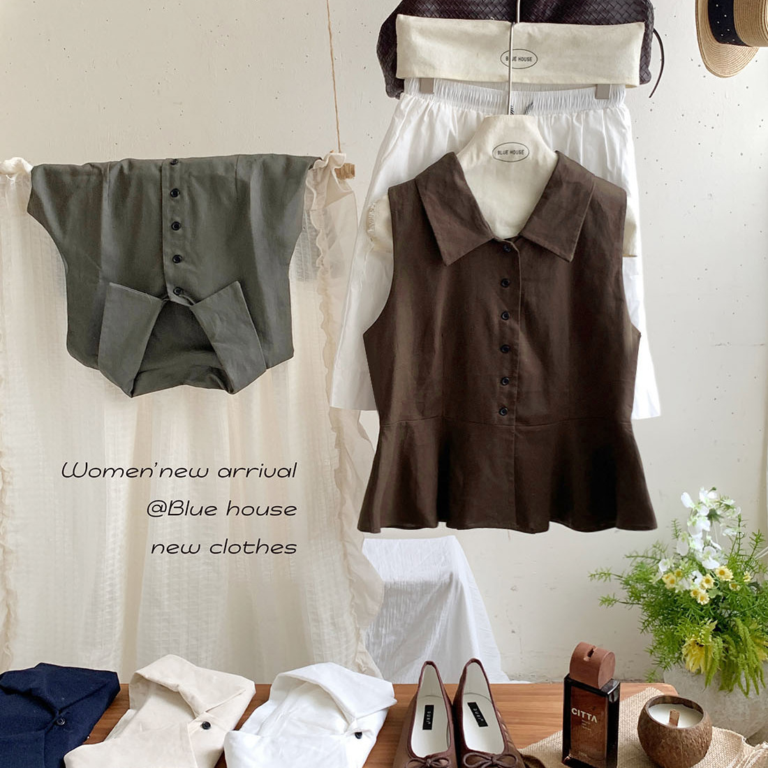 温柔POLO领透气棉麻无袖衬衫女夏