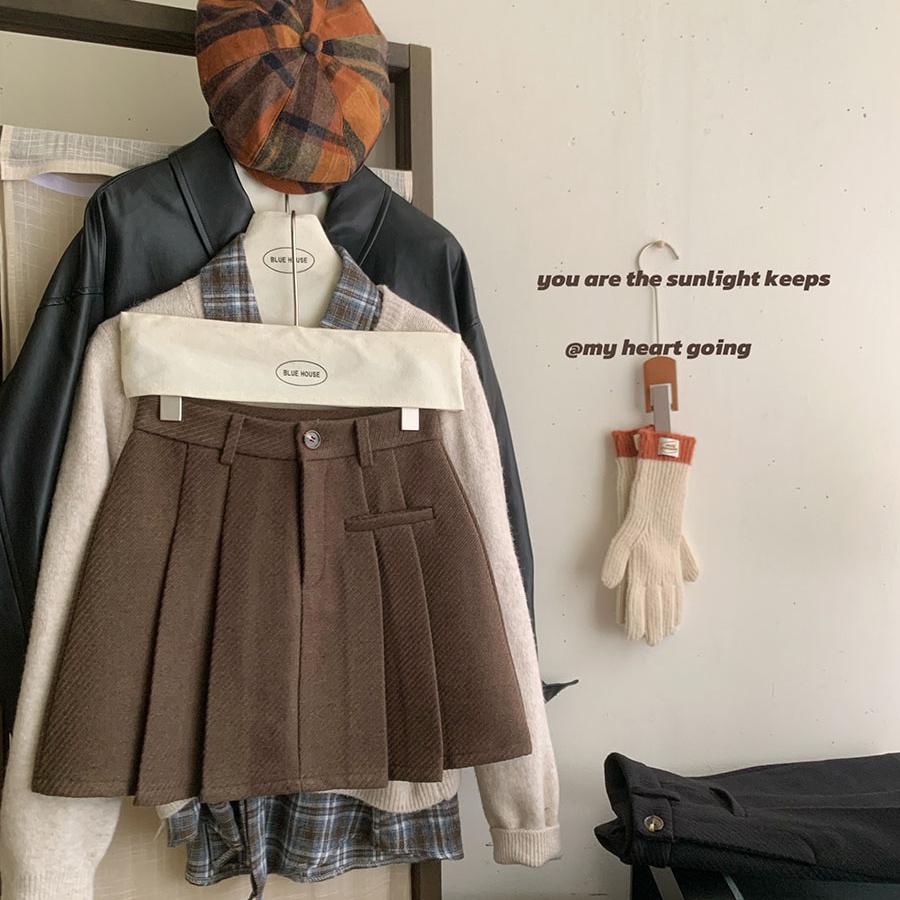 复古学院风加厚毛呢咖色百褶短裙