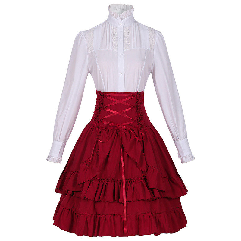女士舞台装万圣节新款复古花边领衬衫哥特式褶皱绑绳半身裙套装,女装/女士精品,民族服装/舞台装,淘宝优惠券,粉丝福利购,淘宝优惠卷