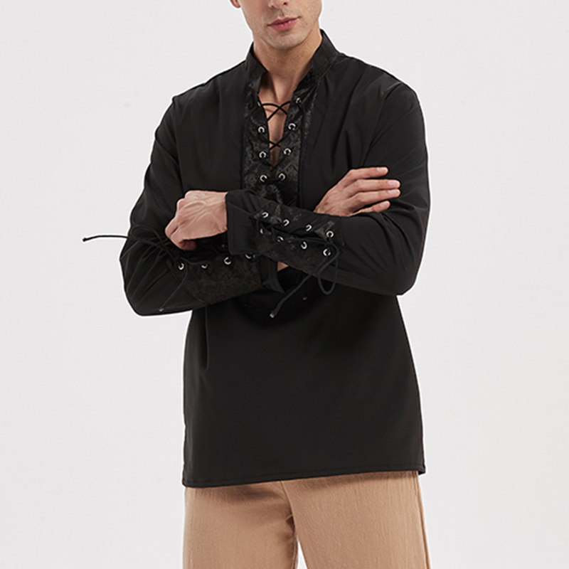 男士复古中世纪宫廷风提花衬衫 文艺复兴朋克绑带衬衣长袖上衣