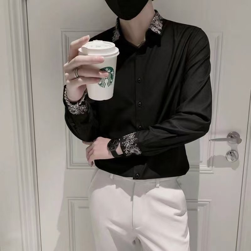 男士长袖衬衫商务时尚免烫休闲刺绣痞帅高级修身新款韩版弹力衬衣