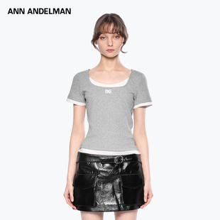 套头短款 ANDELMAN修身 ANN 假两件拼接方领短T恤上衣 痞幼同款