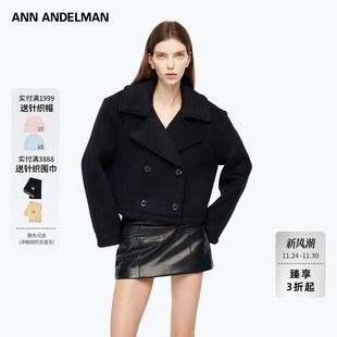 【精选6折】ANN ANDELMAN黑色短款羊毛呢大衣双排扣翻领毛呢外套