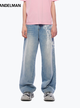 【男装】ANN ANDELMAN锁链印花水洗蓝色牛仔裤版型超好看的裤子