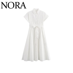 NORA 欧美风 ZA女装 新款气质简约纯色系带镂空刺绣短袖连衣裙