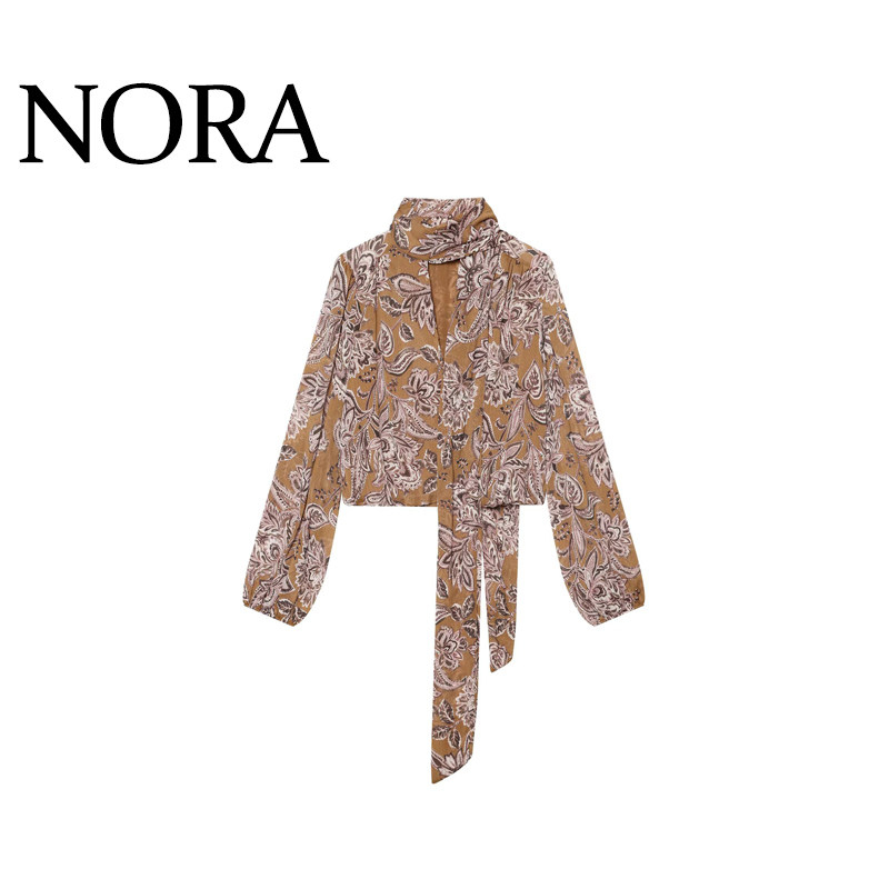 NORA 欧美风 ZA女装 时尚百搭复古花卉印花系带飘带领雪纺上衣