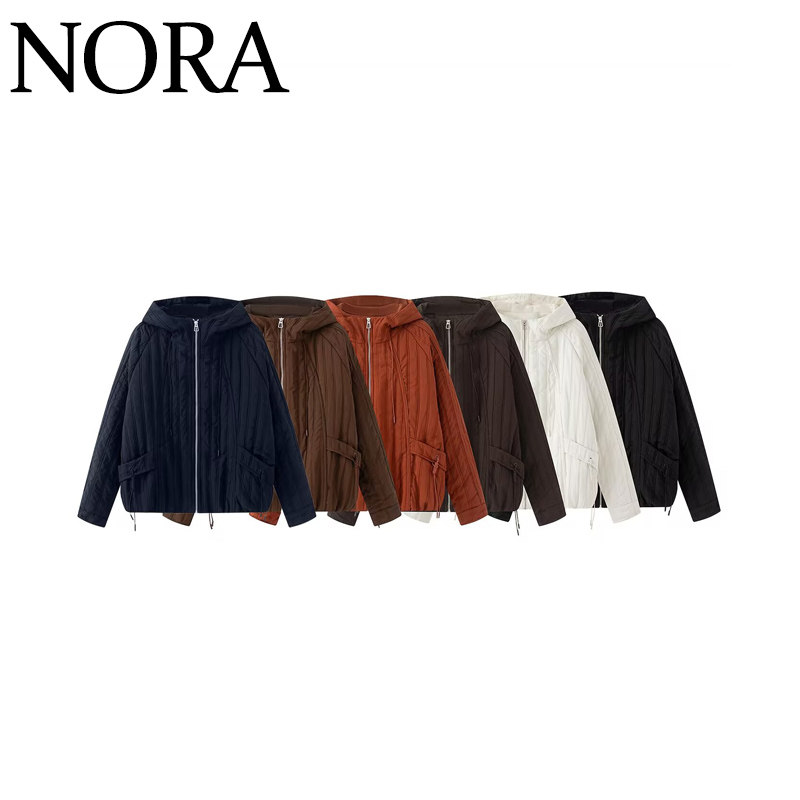宽松纯色条纹织双线连帽棉服外套