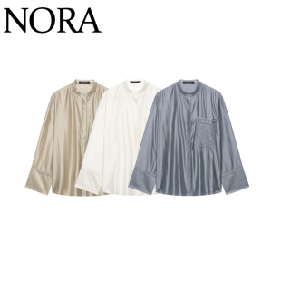 NORA 欧美风 ZA女装 新款时尚百搭宽松纯色刺绣口袋衬衫 4786026