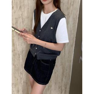 CC2025早秋新款 T恤女宽松显瘦上衣潮 韩版 假两件马甲针织衫