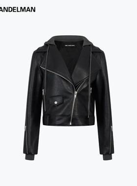 ANN ANDELMAN官方直营 黑色皮衣女秋冬痞帅卫衣帽假两件机车夹克