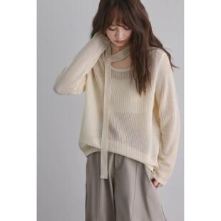 CC2025早秋新款 女上衣潮 韩系圆领配飘带慵懒风微透长袖 针织衫