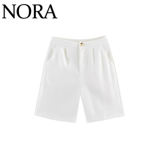 NORA 欧美风 ZA女装 新款时尚百搭简约白色高腰显瘦休闲中款短裤