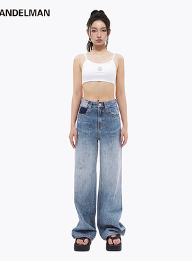 ANN ANDELMAN官方直营 烫钻阔腿牛仔裤女浅蓝色直筒阔腿裤休闲裤