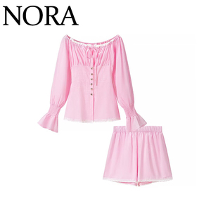 NORA 欧美风 ZA女装 新款甜美气质修身一字领喇叭袖上衣短裤套装