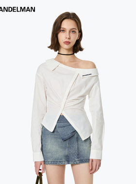 ANN ANDELMAN长袖白衬衫女上衣秋斜领露肩收腰不对称开襟解构衬衣