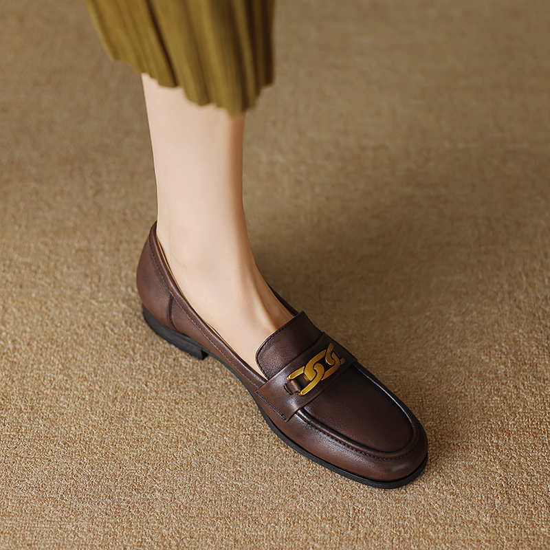 大码女鞋子41—43复古擦色一脚蹬乐福鞋软皮平底小皮鞋女真皮单鞋