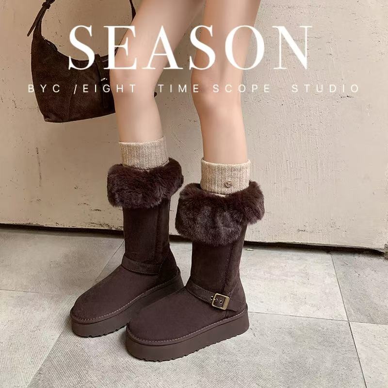 秋冬新款厚底长靴女加厚加绒保暖长筒圆头松糕底长毛绒时尚雪地靴