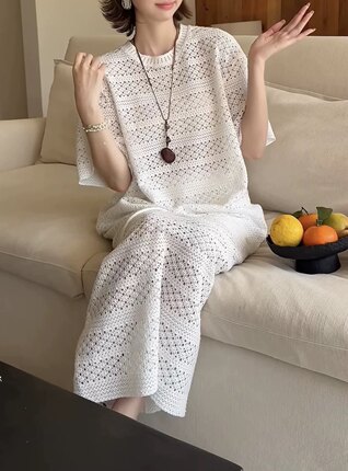 诺+高端欧货26年夏镂空短袖上衣+半身裙两件套装女茶里茶气清冷潮