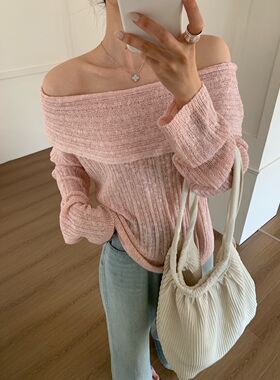 缤典2026春新品一字肩清新毛衣针织衫女设计感百搭外穿长袖上衣潮