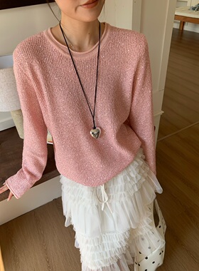 缤典2026春款时尚百搭通勤圆领舒适休闲慵懒氛围感亮片针织衫女潮