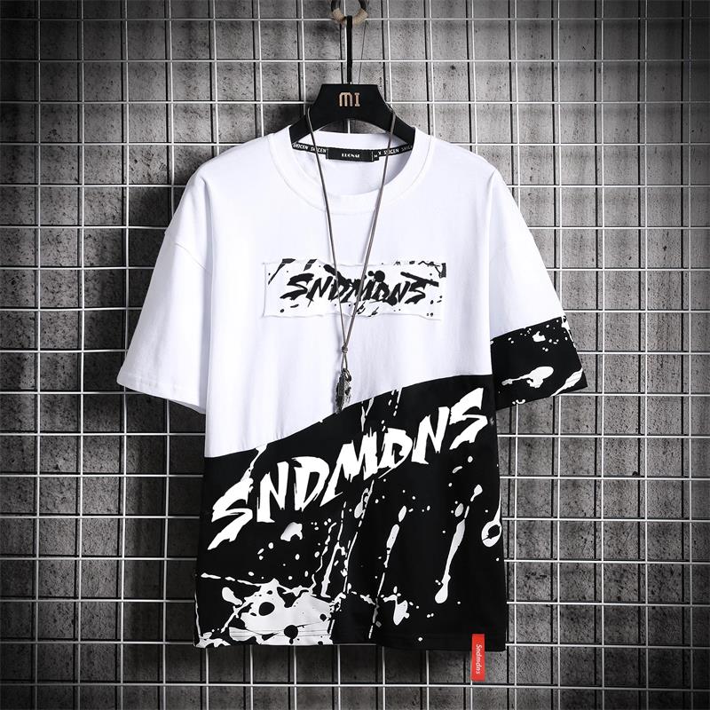 夏季港風拼接撞色短袖t恤男寬松加肥加大碼中袖潮男裝五分袖上衣在類目 男裝, T恤中 - 來自Buy2taobao.com提供專業的淘寶代購服務