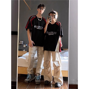 夏季 T恤男女潮ins歐美風(fēng)寬松情侶休閑上衣 高街賽車服撞色短袖 美式