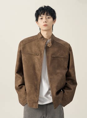 美拉德美式棕色皮衣外套男高级感