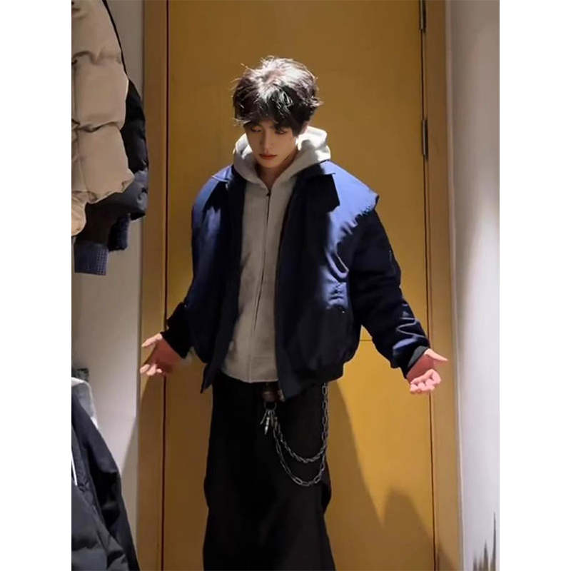 美式潮牌cleanfit短款棉服外套男春秋款痞帅翻领短款加棉飞行夹克