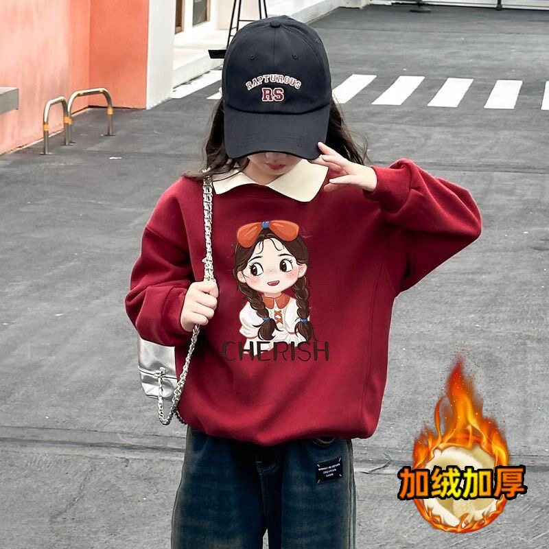 加绒卫衣女童卡通翻领套头外套女孩学生冬季儿童上衣加厚红色衣服