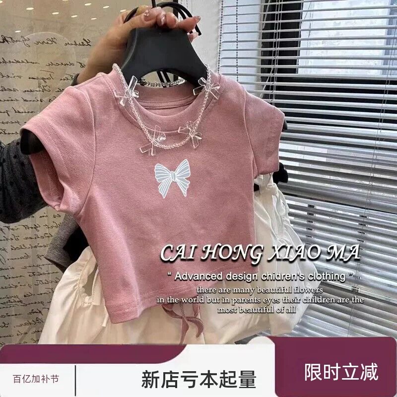 纯棉女童蝴蝶结露背T恤26夏季韩版短款短袖上衣时尚洋气打底衫潮