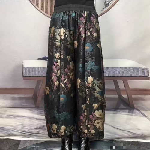 883秋冬新款裤子复古印花大码松紧腰宽松显瘦百搭九分灯笼裤