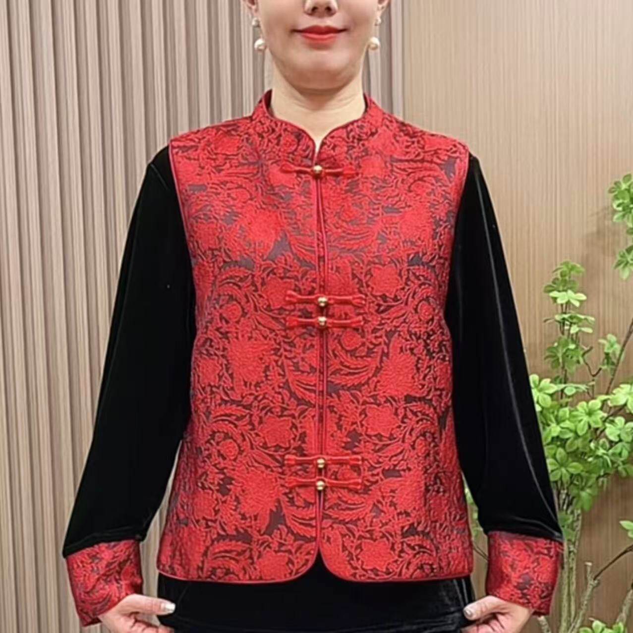 6612-13国风马夹春装新款中老年女装春秋红色马甲新中式上衣