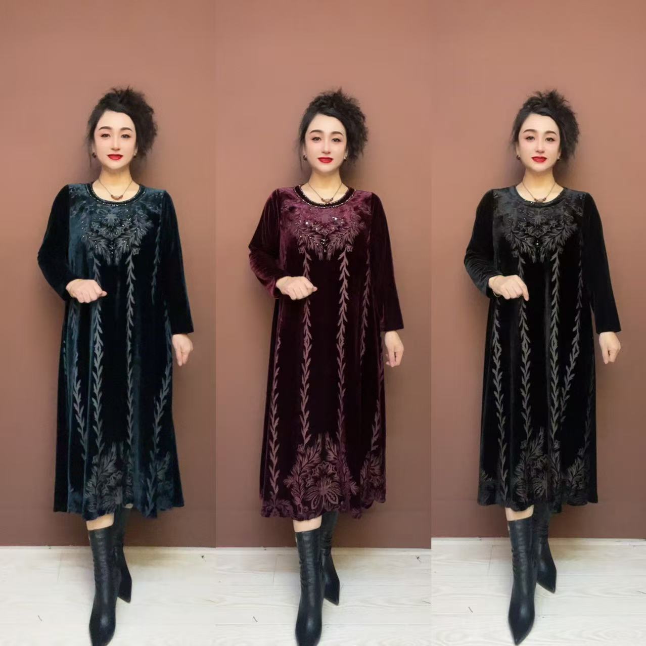 2569高端烧花妈妈秋冬装大码遮肉洋气金丝绒连衣裙中老年女装裙子