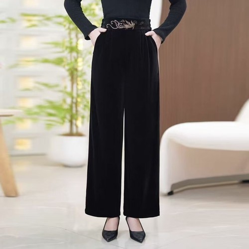 890中老年妈妈金丝绒秋冬新款高腰民族风刺绣阔腿裤百搭裤子