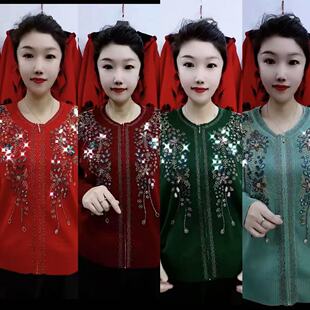 宽松显瘦上衣中老年妈妈时尚 8815新款 亮片串珠针织圆领拉链开衫