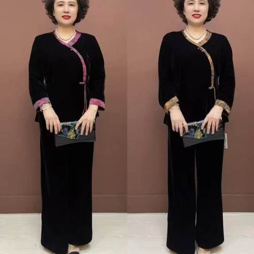 805新款秋季妈妈装V领丝绒时尚衣服裤子中老年女装气质高档套装