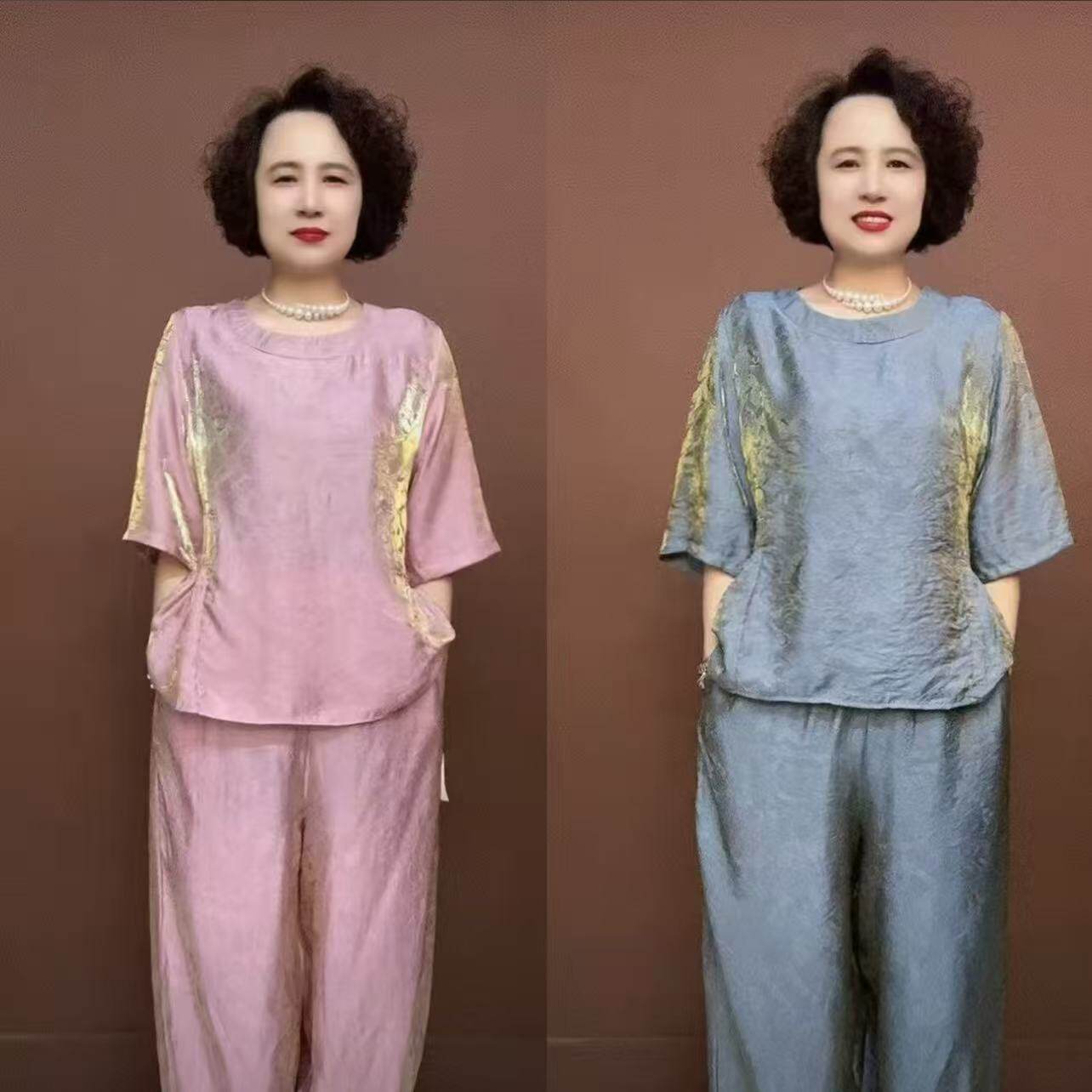A87-夏季新品浮光锦高品质中老年妈妈装宽松大码女装两件套装