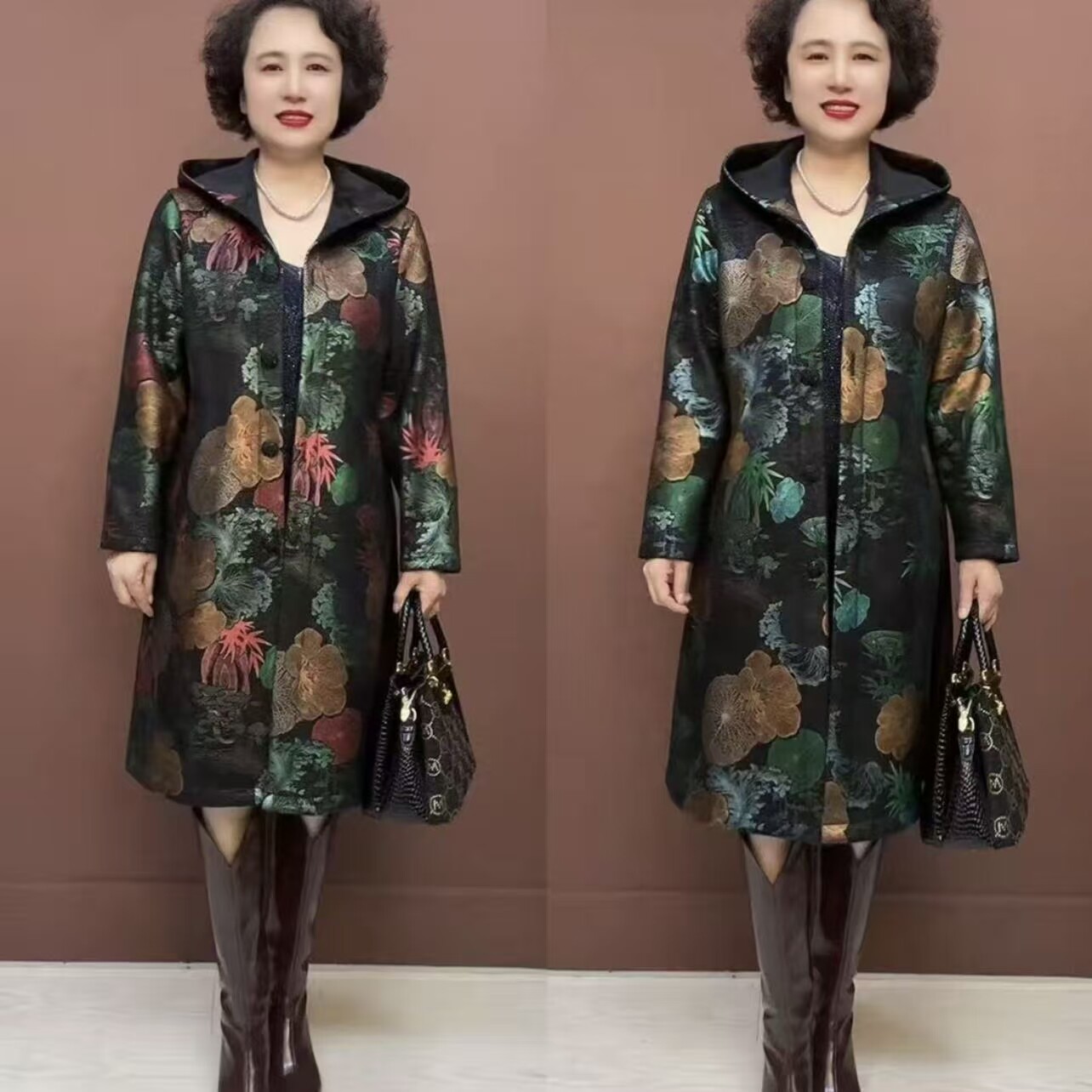 506款秋冬妈妈装时尚宽松连帽中老年女装复古中长款风衣(加细绒)