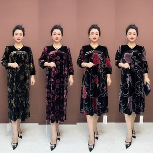 妈妈秋季 优雅丝绒中长款 气质大码 中老年女装 裙子 连衣裙新款 2558款