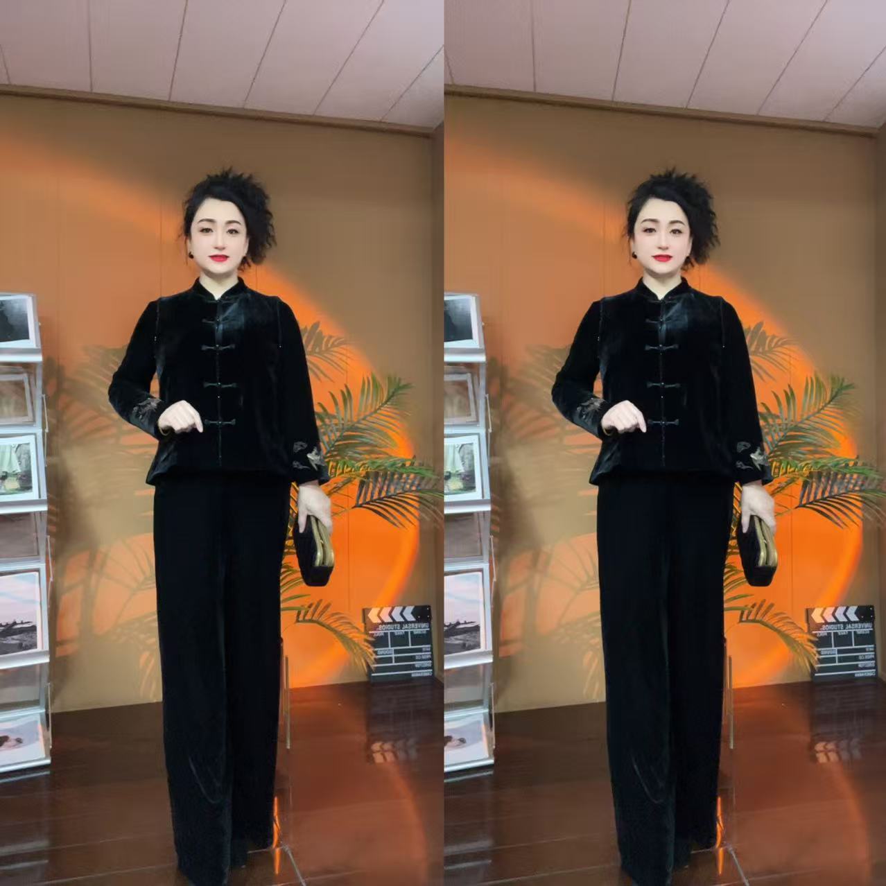 2591妈妈装秋冬新款时尚套装女圆领百搭丝绒马甲+长袖衬衫套装